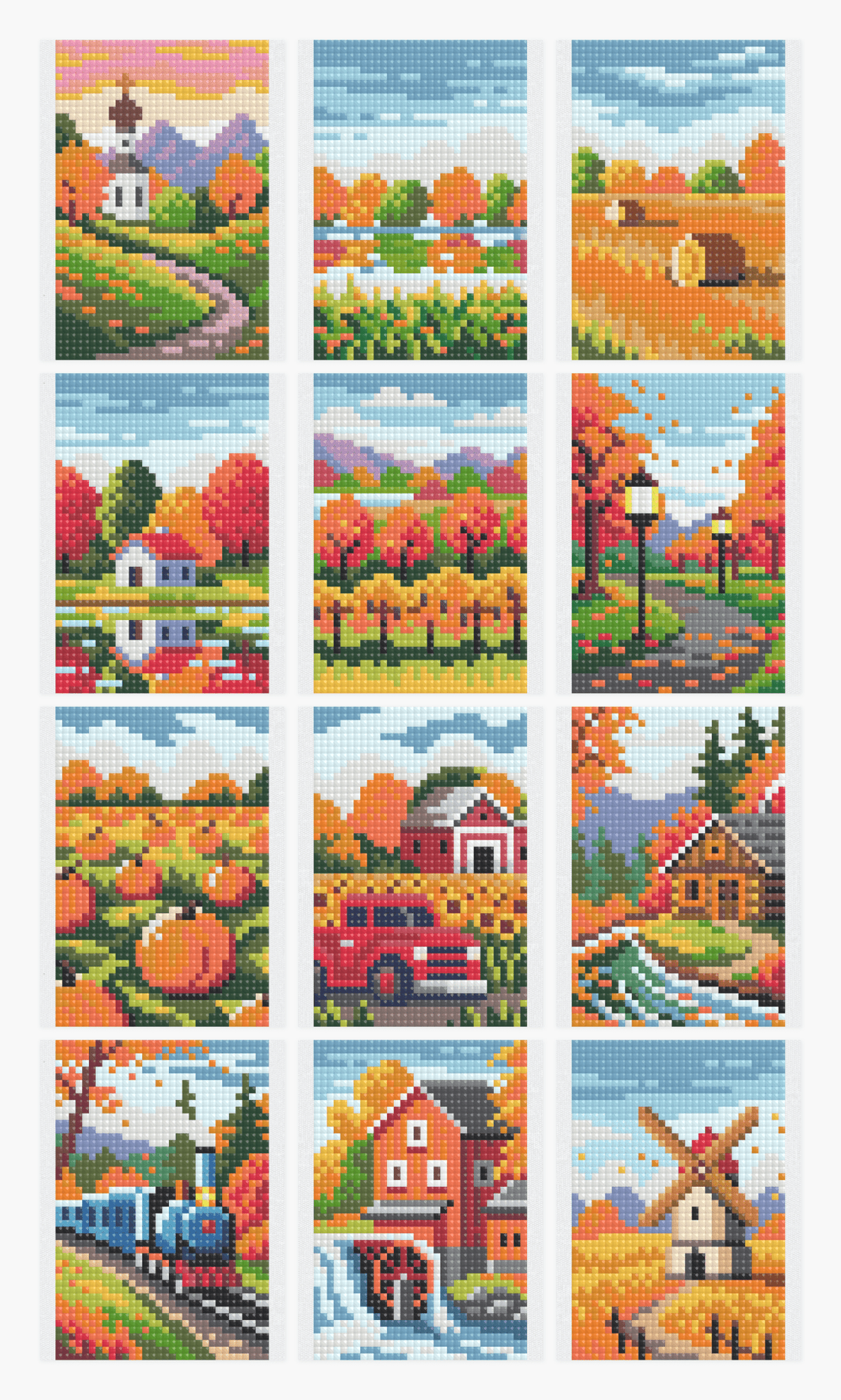 Autumn Landscapes Set No. 2 — twelve diamond paintings including Autumn Church, on portrait canvases with narrow side borders.